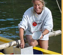 Hanneke Boon in a Wharram designed Tiki catamaran